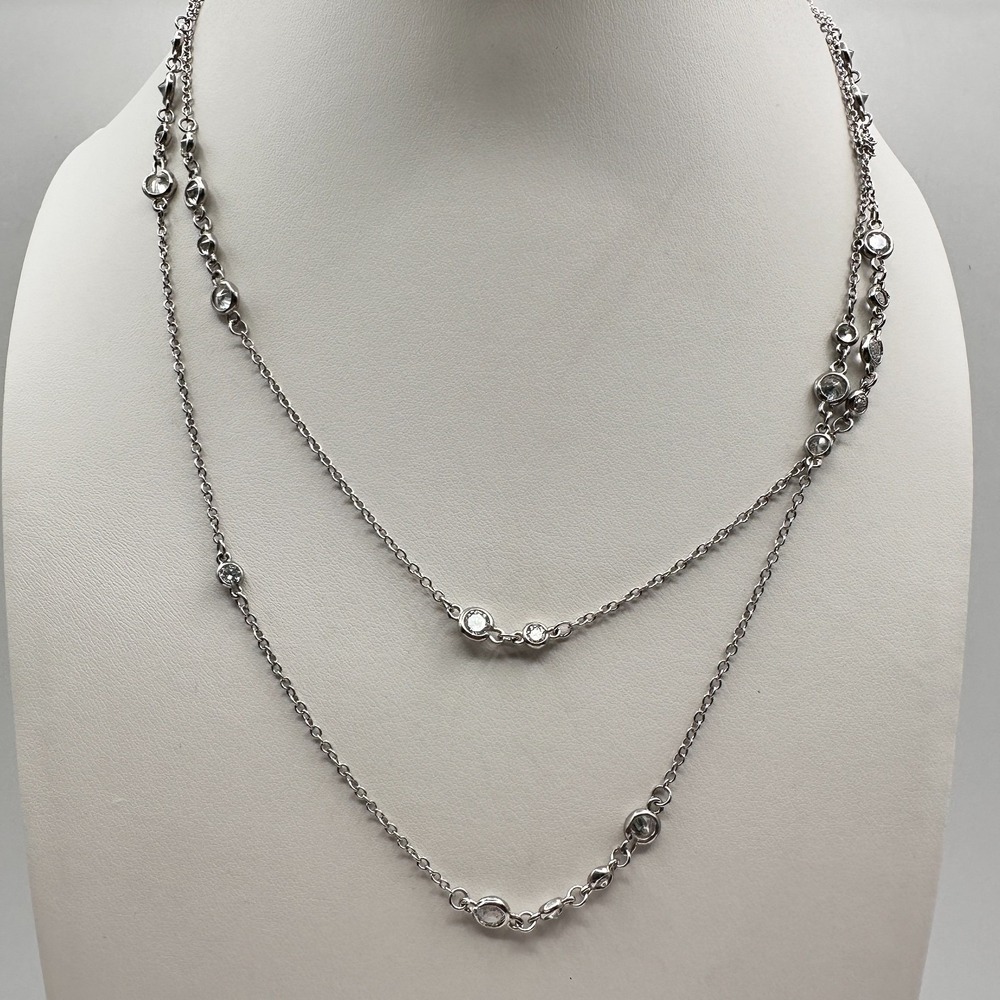 Necklace Silver Tone Double Strand Clear Rhinestone Bezel Set Statement Chain - Picture 2 of 9